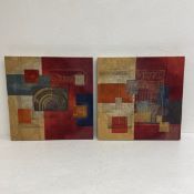 A pair of printed and stretched silk wall hangings with allover abstract architectural polychrome