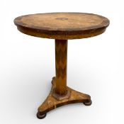 A 19th century rosewood, maple and elm lamp or occasional table with inlaid faceted pedestal base.