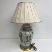 A contemporary Chinese Famille Rose style hand painted temple jar table lamp with shade. H.66cm.