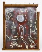 A contemporary mixed media painting on board, abstract figures and symbols in a scratch-built pine