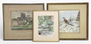 A contemporary watercolour titled 'Corfe Castle from the Common' by Leslie M. Ward together with a