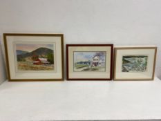 Two signed 20th century watercolours and one other. All framed and glazed. 58x49cm. (Largest).