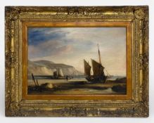 A 19th century oil on canvas depicting fishing boats with white cliffs in the distance in a gilt