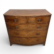 An early 19th century mahogany bowfronted chest of drawers raised on swept bracket feet. H.99 W.
