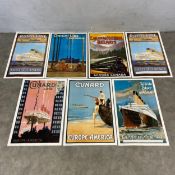 A collection of seven Art Deco style travel posters; Cunard etc, printed 1989 by Dolphin Printers.