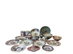 A collection of 19th century and later Oriental and other porcelain to include a brush pot, bowls