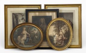 A pair of 19th century hand coloured engravings together with two oval stipple engravings and one