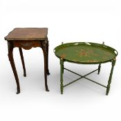 A 19th century style Toleware tray on stand and a Louis XV style kingwood and ormolu mounted lamp