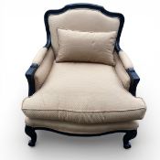 A large contemporary Louis XV style armchair in ebonised frame and piped damask upholstery. H.97 W.