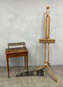 A mixed lot to include a C.1880 brass trivet stand together with an oak occasional table, a 1950s