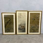 Three large Chinese watercolours, animal studies, framed and glazed. 91x49cm. (Largest).