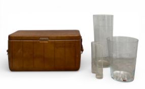 A large vintage faux leather Coleman cooler together with two glass vases and two others. H.43 W.
