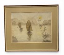 A contemporary South East Asian watercolour depicting boats on a lake, signed and dated S. Minh '