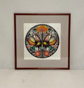 A traditional Polish paper cut-out Wycinanki with opposing stylised figural roosters. Framed and