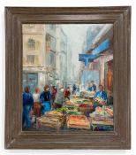 A 20th century French Impressionist style oil on canvas depicting a bustling market scene. Signed
