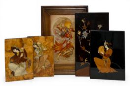 A vintage hand painted and framed Persian dancer on leather together with four vintage marquetry