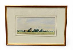 A contemporary watercolour landscape titled 'St. Peter's Church, Swingfield' 1990. Signed bottom