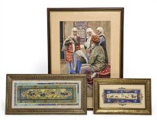 A contemporary signed watercolour depicting a Persian carpet merchant together with two Persian