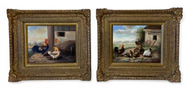 A pair of vintage oils on canvas, portraits of chickens. Both signed J. Armani in gilt frames. H.