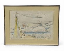 A contemporary coloured pencil drawing depicting a fantastical landscape by Colin Dawes. Signed