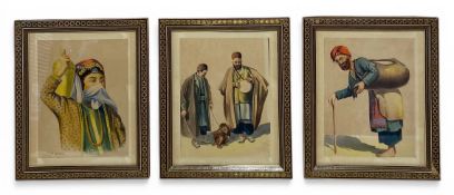 A set of three vintage watercolours, portraits of Persian market vendors and merchants, by A.