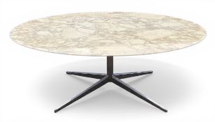 A large contemporary Knoll style dining table with oval marble top raised on splayed chrome