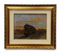Sergio Andreoli (b.1951), a contemporary oil on board depicting a steam train at dusk. Signed bottom