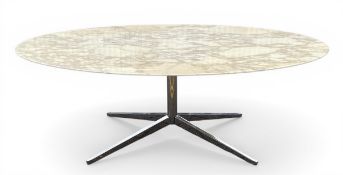 A large contemporary Knoll style dining table with oval marble top raised on splayed chrome