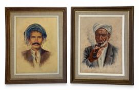 A pair of 1970s oil on canvas, portraits of Persian merchants. Both signed N. Omid bottom right.