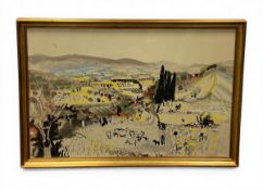 A 20th century ink and wash with colours, abstract rural landscape. Framed and glazed. H.53 W.78cm.