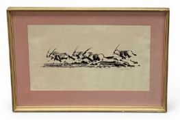 A signed 1970s South African screen print depicting running Antelope. Framed and glazed with