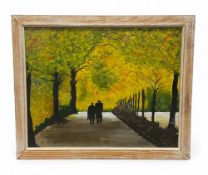 A contemporary acrylic painting on board titled 'Autum Walk' by Terry Brown in a distressed pine