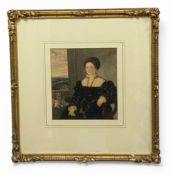 A 19th century watercolour portrait of a lady and dog in a glazed gilt frame. H.31 W.29cm.