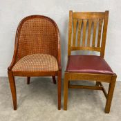 A 19th century caned tub chair and a mid century oak dining chair. H.97cm. (Largest)