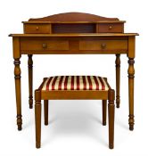 A 20th century walnut writing table with separate superstructure over two frieze drawers raised on