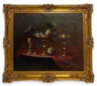 A vintage still life oil on canvas in the manner of Jozsef Molnar. Signed bottom right in a gilt