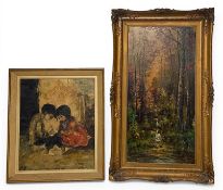 A modern oleograph portrait on canvas together with a large landscape oleograph. Both signed in gilt