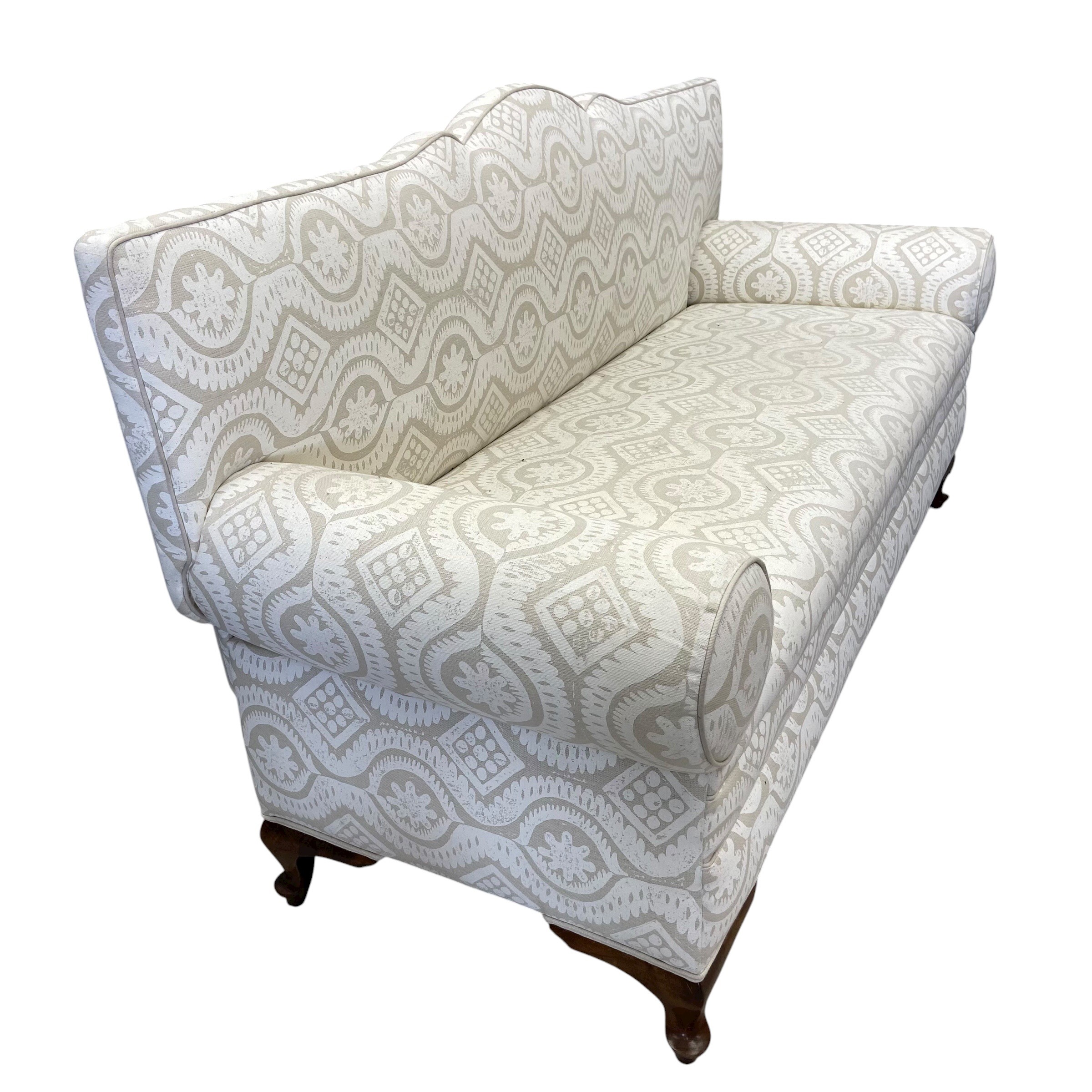 A vintage two seater sofa with shaped back and scrolled arms over the re-upholstered printed - Image 5 of 6