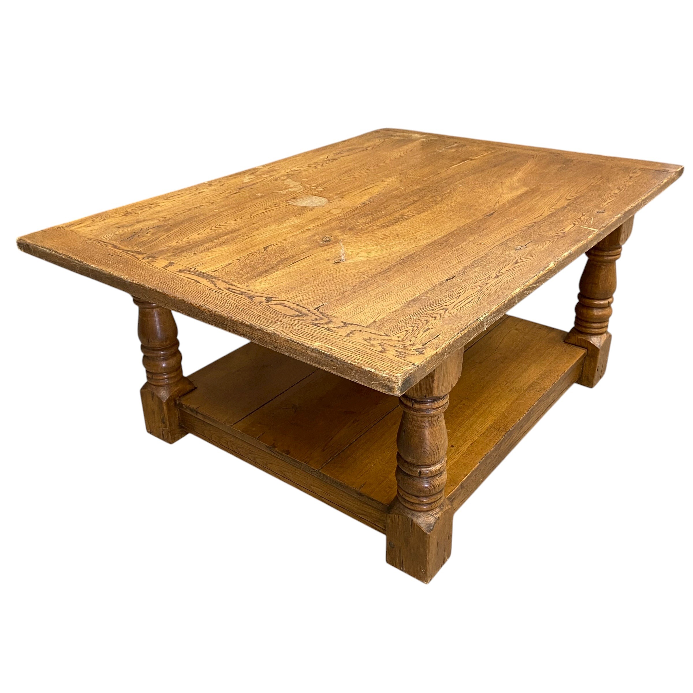 A vintage farmhouse style oak coffee table with plank top raised on heavy turned supports united - Image 4 of 4