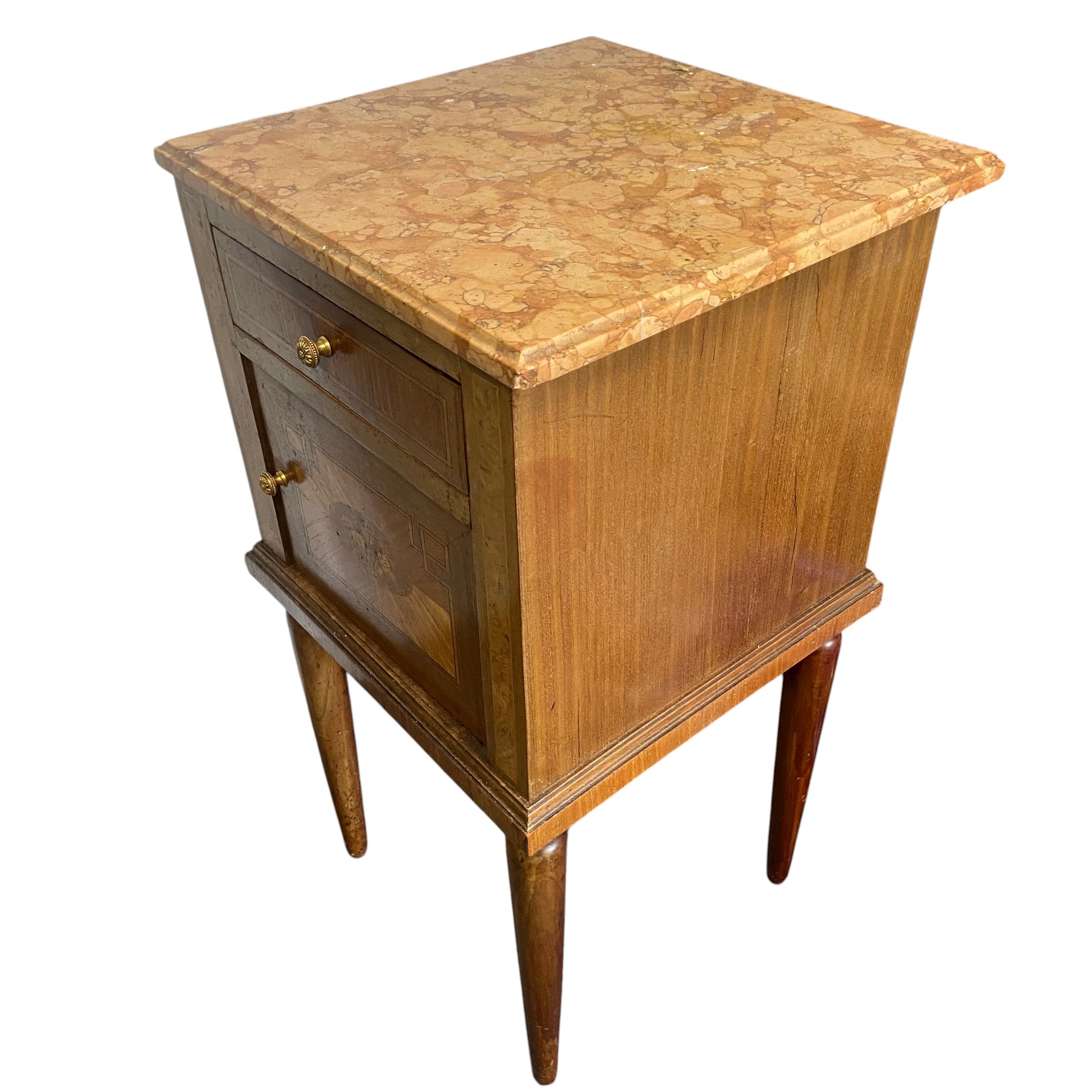 A C.1900 century French walnut bedside cabinet with square marble top over the crossbanded frieze - Image 4 of 5
