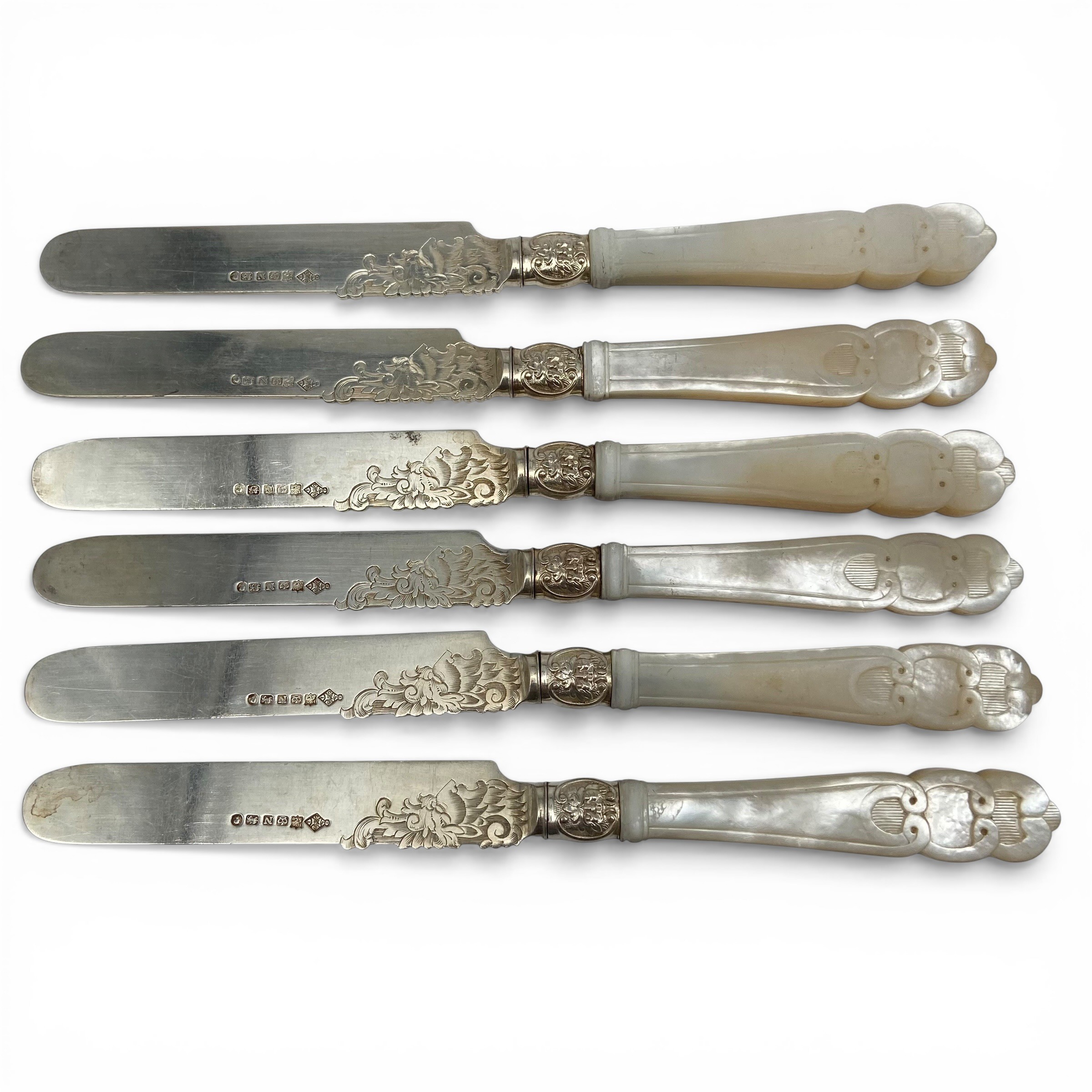 A Victorian hallmarked sterling silver dessert cutlery service with carved mother-of-pearl handles - Image 5 of 11