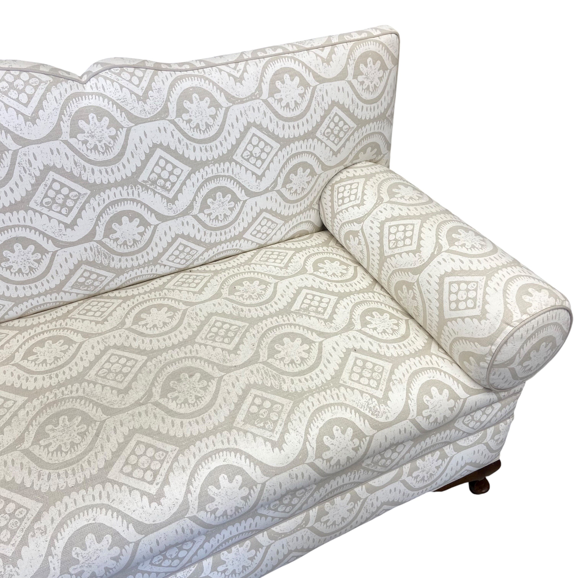 A vintage two seater sofa with shaped back and scrolled arms over the re-upholstered printed - Image 2 of 6