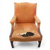 A Georgian mahogany Gainsborough open library armchair with orange calico upholstered back, seat and