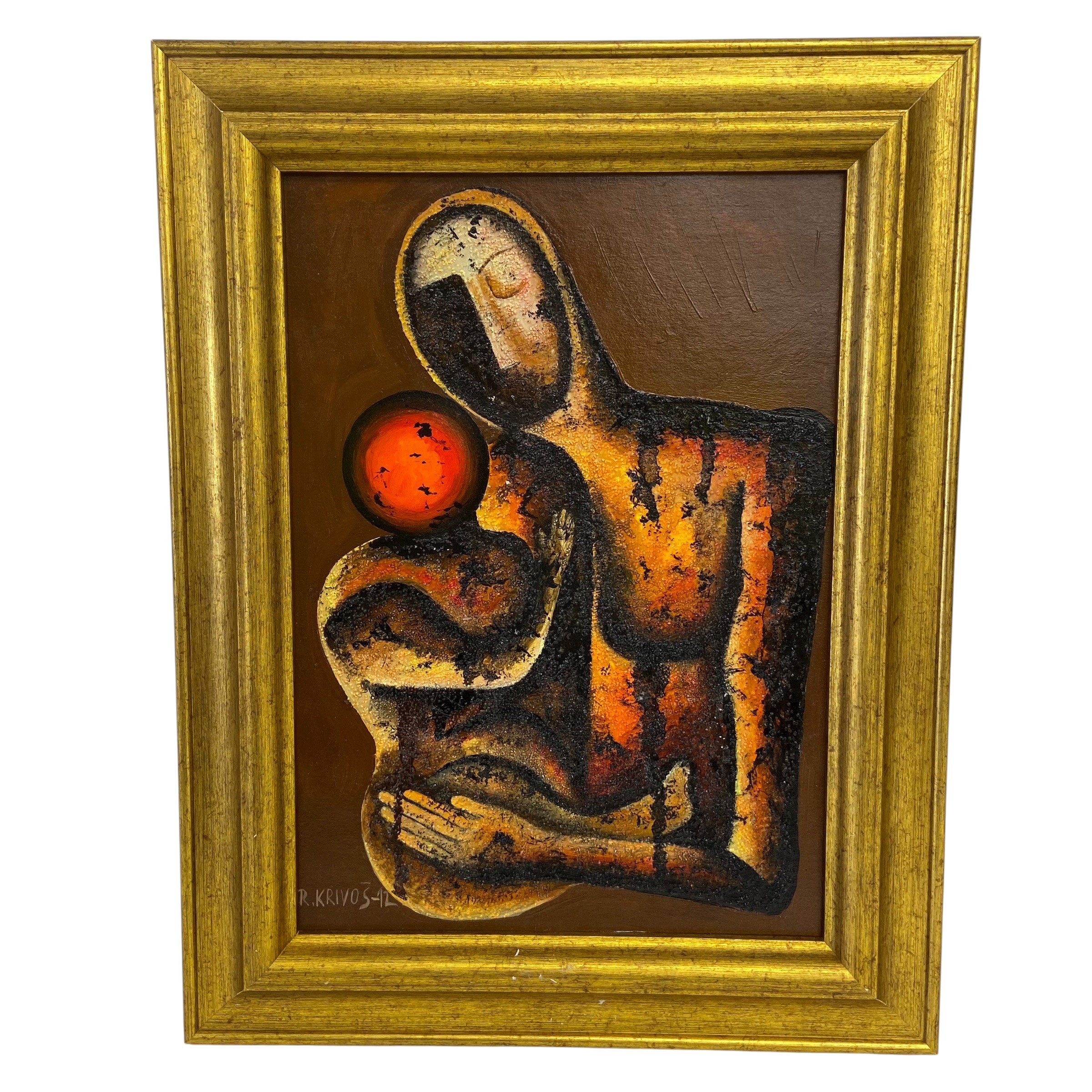 After Rudolf Krivos (b.1933), a signed contemporary oil on board titled 'Madona S Dietatum' 2012, - Image 2 of 8
