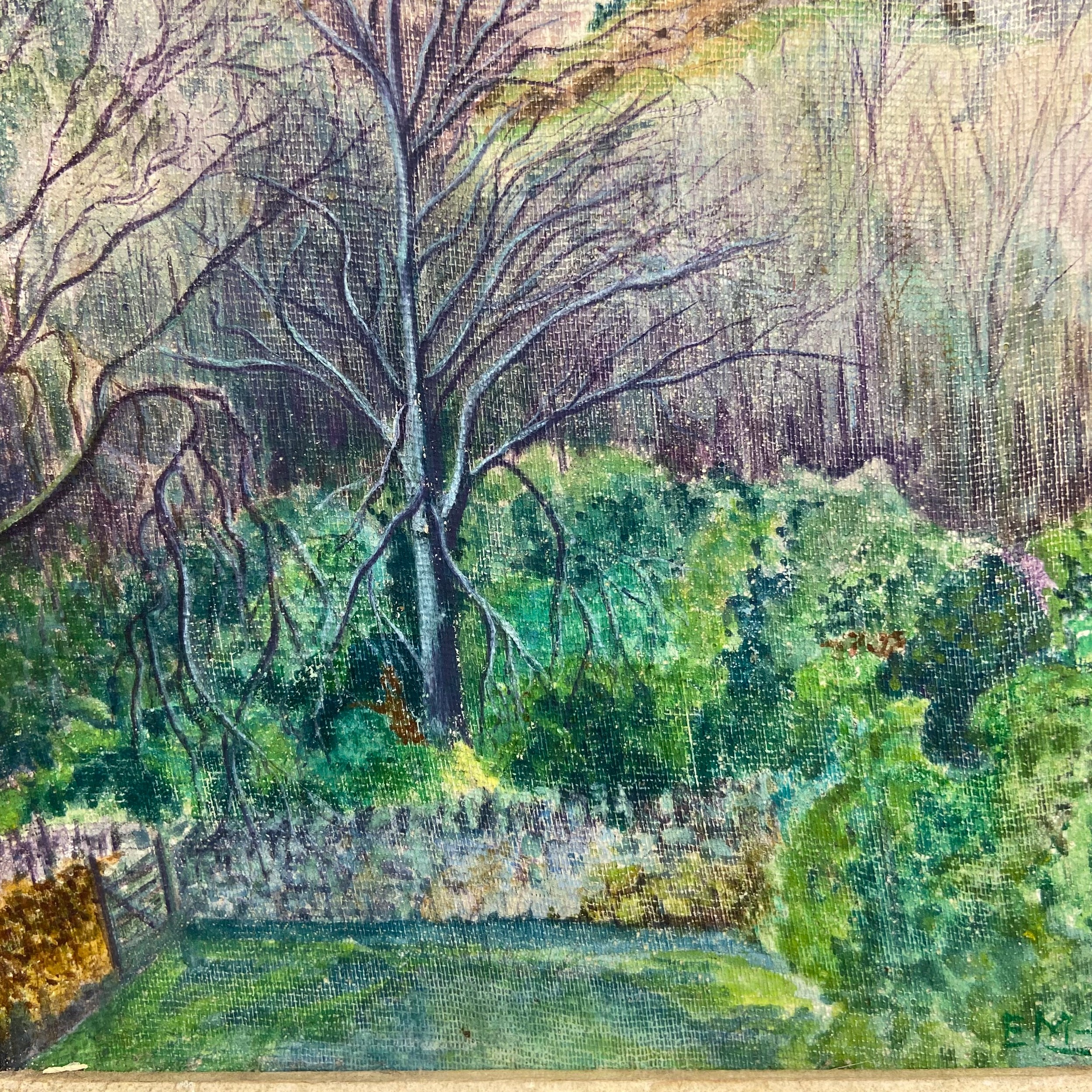 A contemporary signed oil on canvas-laid-board depicting a tree in a mountainous landscape, together - Image 3 of 8