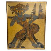 A large 1970s Indonesian batik fabric painting depicting a deity or figure from folklore. Signed and