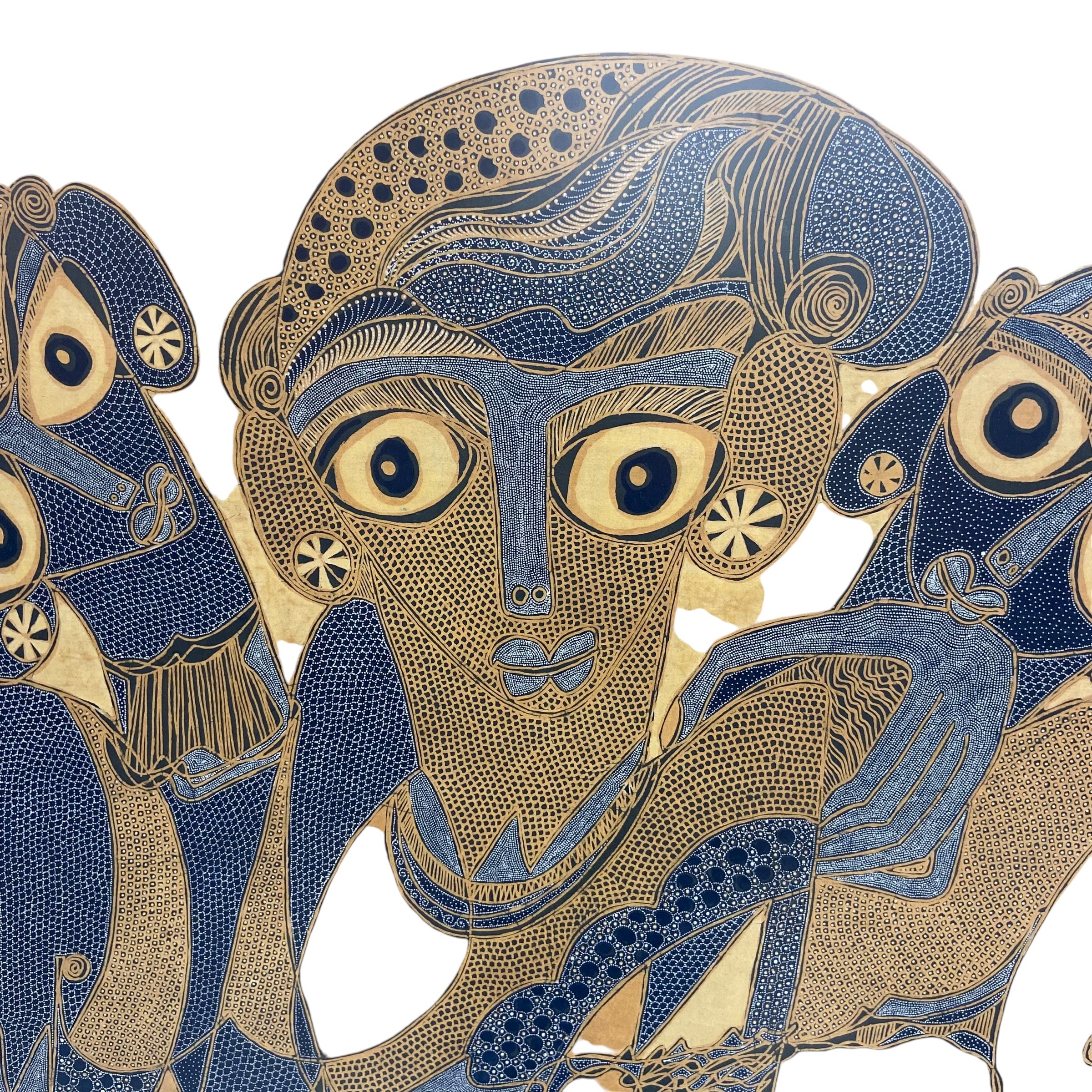 A large 1970s Indonesian batik fabric painting depicting three deities or figures from folklore. - Image 2 of 4