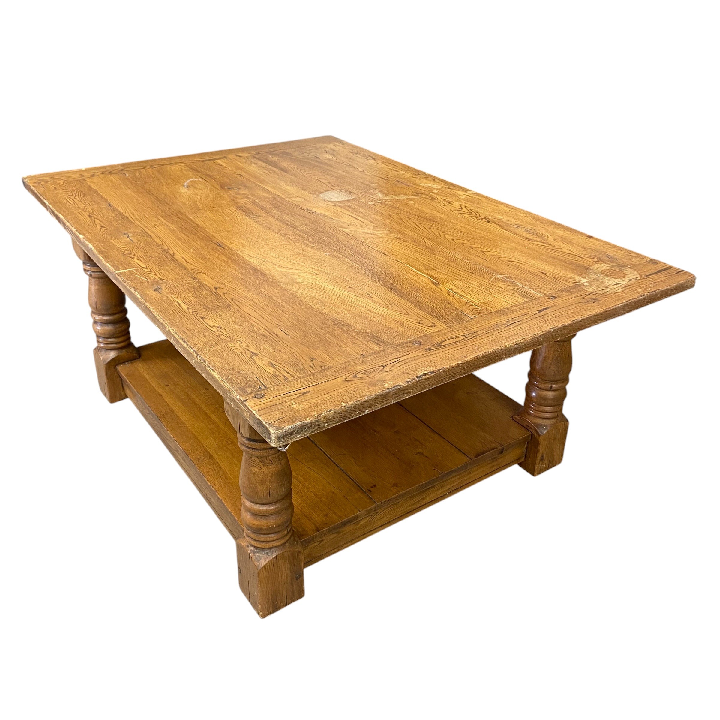 A vintage farmhouse style oak coffee table with plank top raised on heavy turned supports united - Image 3 of 4