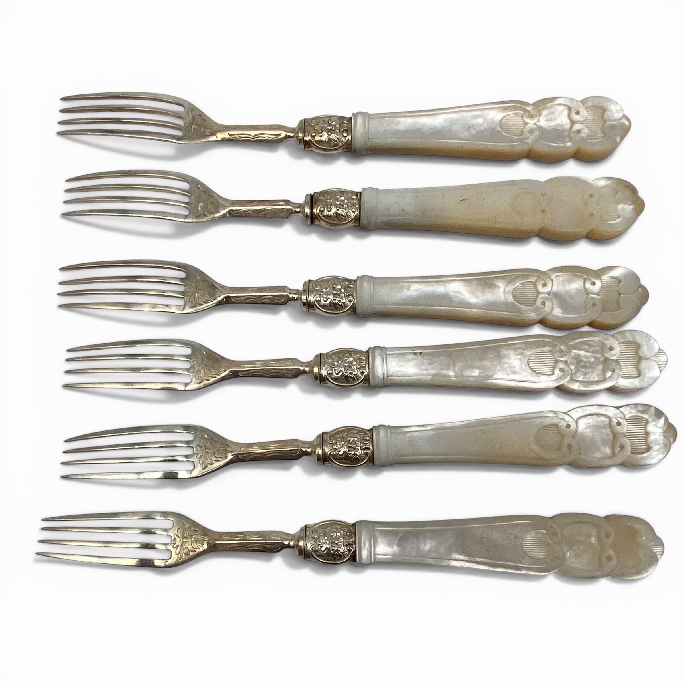 A Victorian hallmarked sterling silver dessert cutlery service with carved mother-of-pearl handles - Image 9 of 11