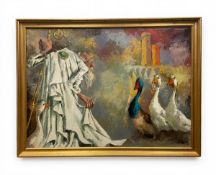 A contemporary oil on canvas depicting a fantastical scene with old man and geese. Signed bottom